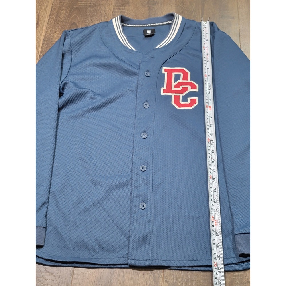 Vintage DC Shoes Mens XL Blue Long Sleeve Baseball Jersey Mesh Button Front Logo